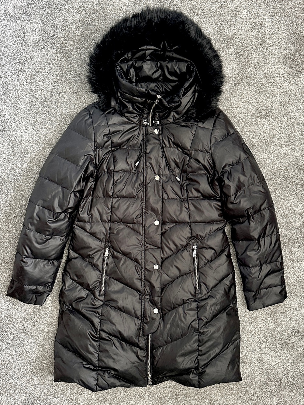 Lauren Ralph Lauren Black Long Down Puffer Coat Faux Fur Hood Snap Belt Medium